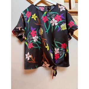 Worthington Womens Black Floral Tie Front Blouse Top Size M Japanese Babydoll